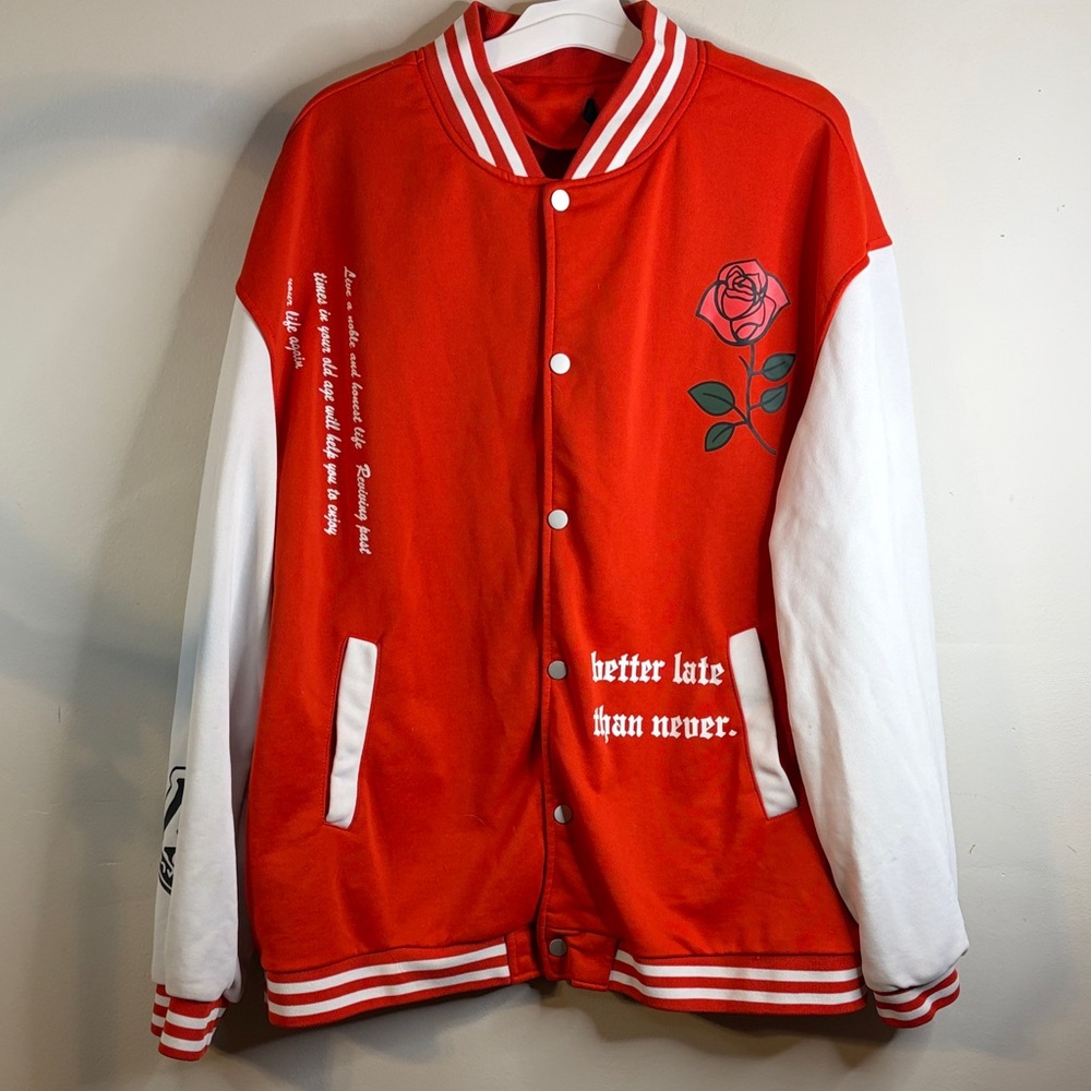 ROMWE Red Rose Graphic Varsity Jacket XXL Snap Front #73